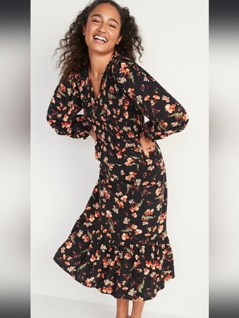 Old Navy All Cotton Black Floral Long Sleeve Maxi Dress with Peach Accents.